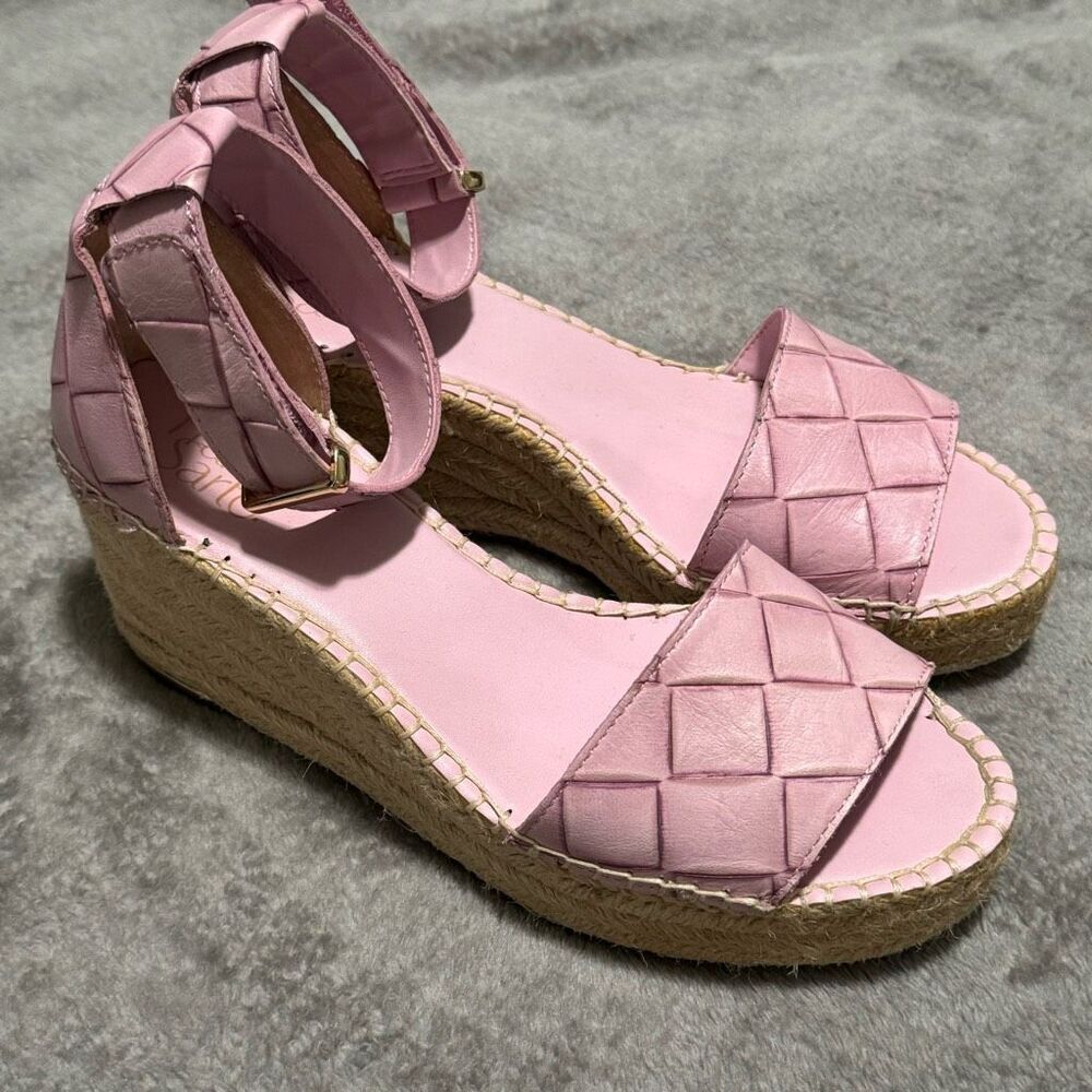Franco Sarto Pink Woven Espadrille Wedge Sandals with Ankle Strap